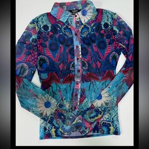Desigual XS Blouse Blue Seatrough Floral Button Up XS Glam Club Long Sleeve